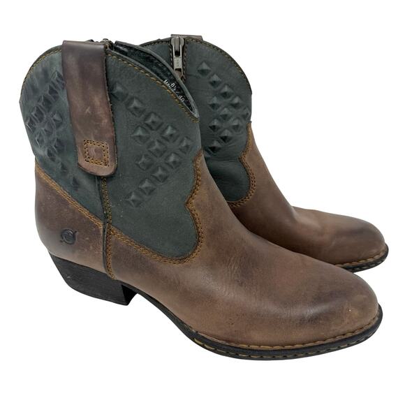 Born Jin Ankle Boots Studded Cowgirl Size 8.5 Brown Western Side Zip Booties - Picture 1 of 8